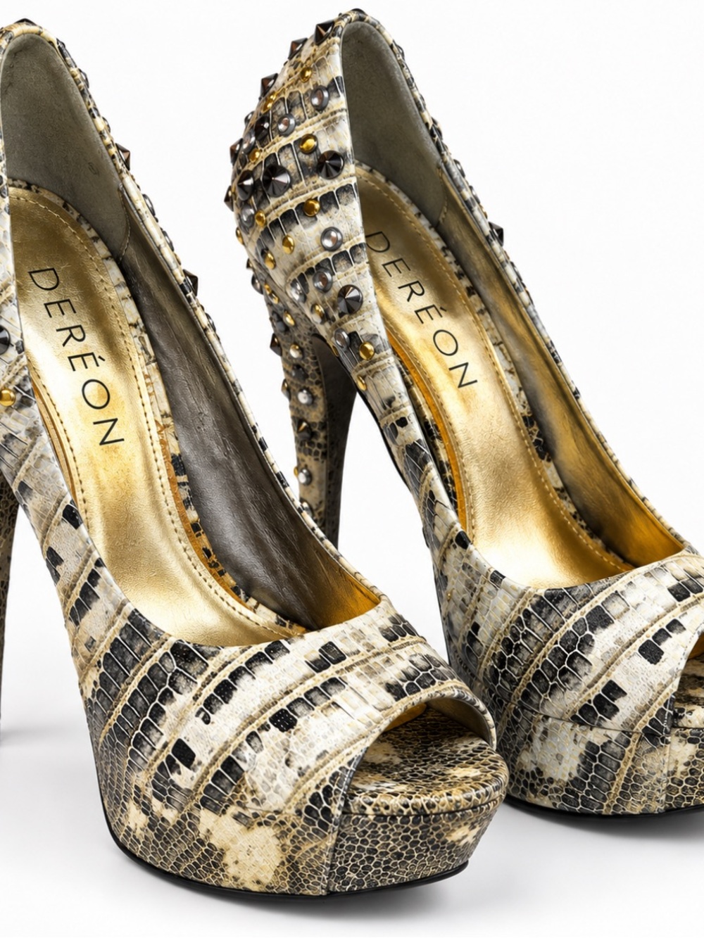 Deréon Size 8.5 Studded Snakeskin Platform Peep Toe Stiletto Heels